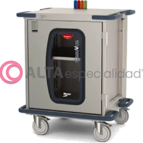 Carro de traslado hospitalario de acero inoxidable con compartimentos para equipo médico y suministros.