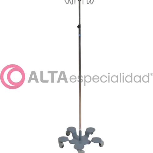 Pentapié con portasuero Pedigo, estructura estable de acero inoxidable para uso hospitalario.