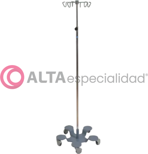 Pentapié con portasuero Pedigo, estructura estable de acero inoxidable para uso hospitalario.