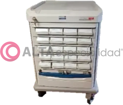 Carro de medicamentos Metro con cajones organizadores y superficie de trabajo para uso hospitalario.