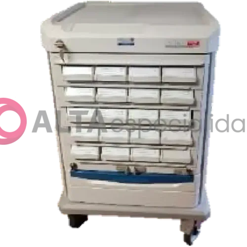 Carro de medicamentos Metro con cajones organizadores y superficie de trabajo para uso hospitalario.