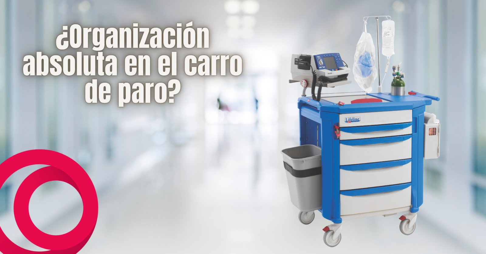Carro de paro hospitalario con organización absoluta, compartimentos etiquetados y acceso rápido a equipo de emergencia.